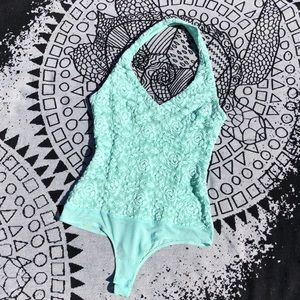 BEBE Aqua Blue Floral Lace Bodysuit
